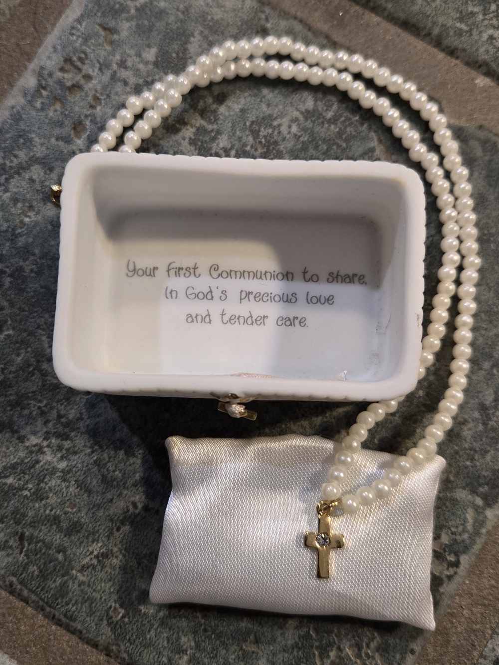 First Communion Pearl Necklace with Gold Cross